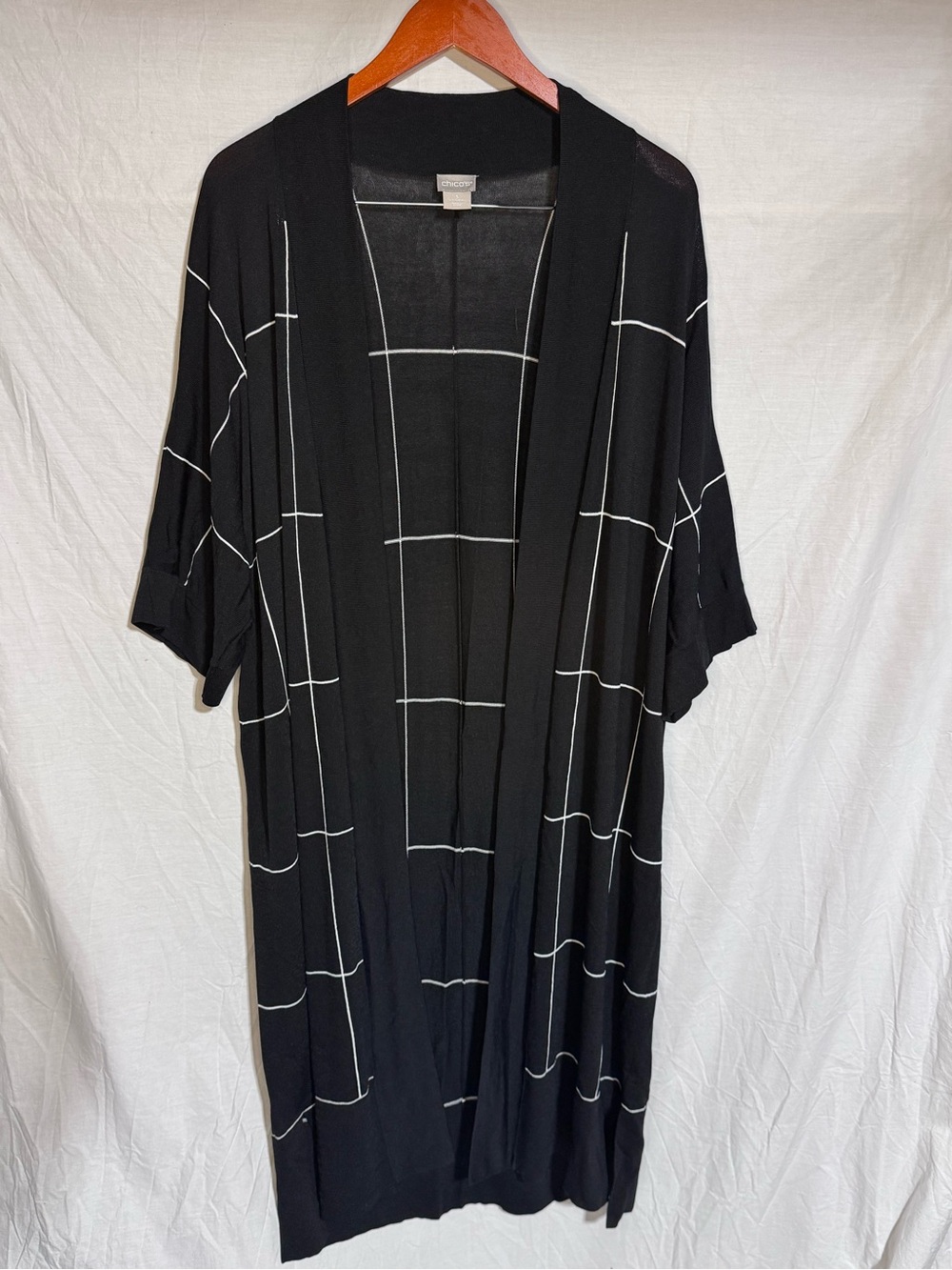 Chico's Black Windowpane Open Duster Cardigan